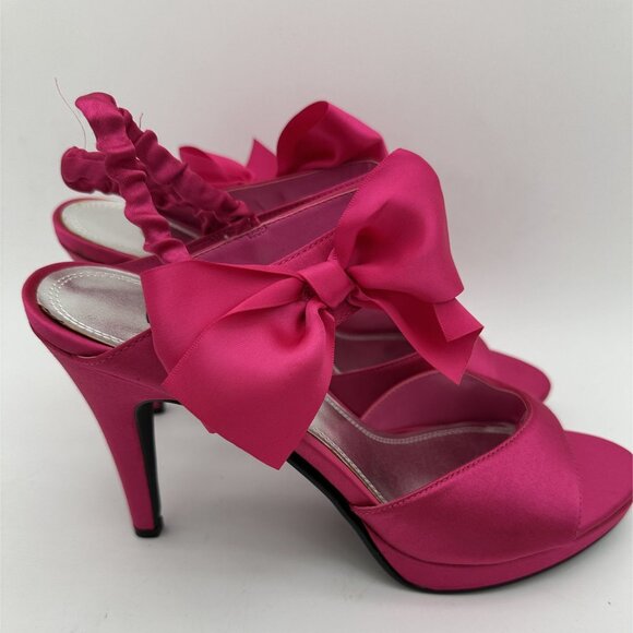 Womens Velvet Heart Fuchsia Satin Heels With Bow Detail Size 11 - Picture 4 of 8